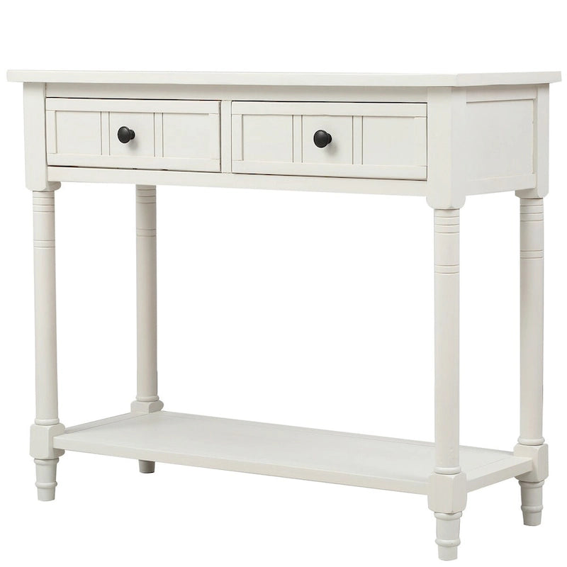 Vintage Carved Pine Wood Console Table Two Drawers Bottom Shelf Antique Style