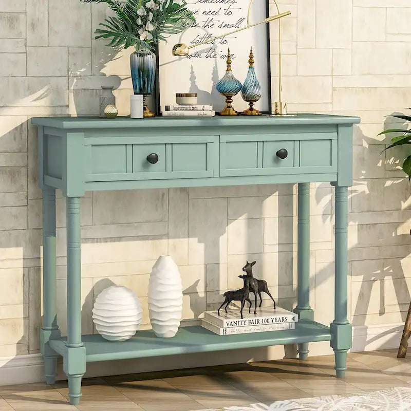 Vintage Carved Pine Wood Console Table Two Drawers Bottom Shelf Antique Style