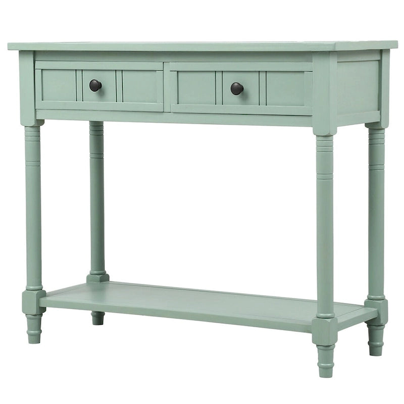 Vintage Carved Pine Wood Console Table Two Drawers Bottom Shelf Antique Style