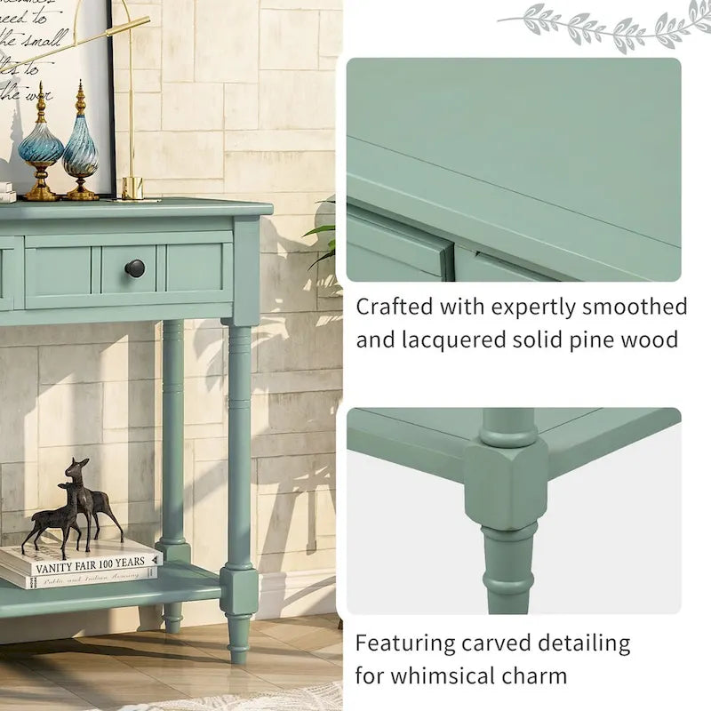 Vintage Carved Pine Wood Console Table Two Drawers Bottom Shelf Antique Style