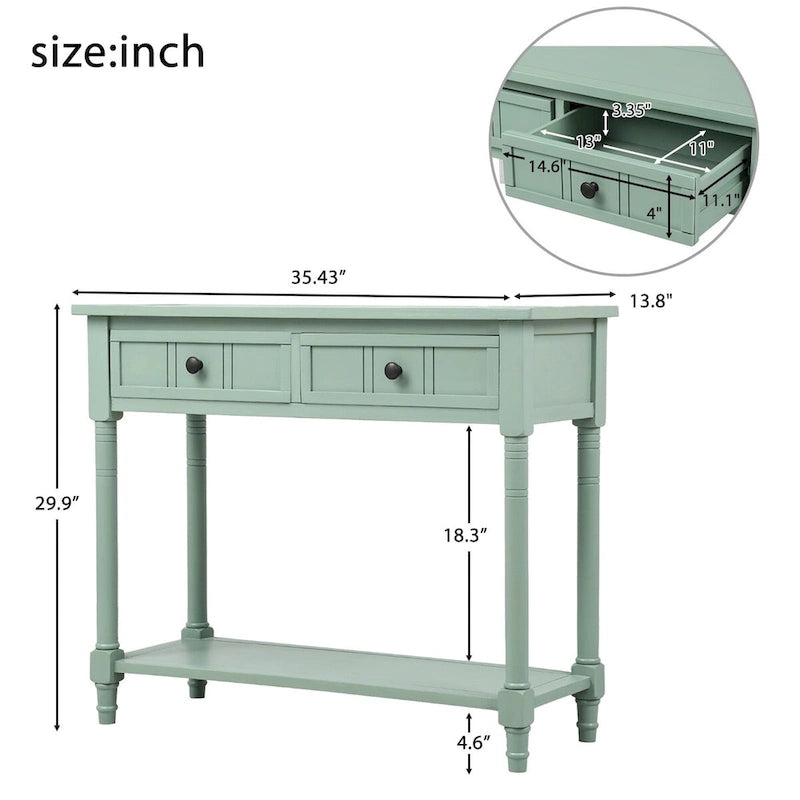 Vintage Carved Pine Wood Console Table Two Drawers Bottom Shelf Antique Style