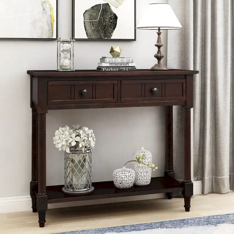 Vintage Carved Pine Wood Console Table Two Drawers Bottom Shelf Antique Style