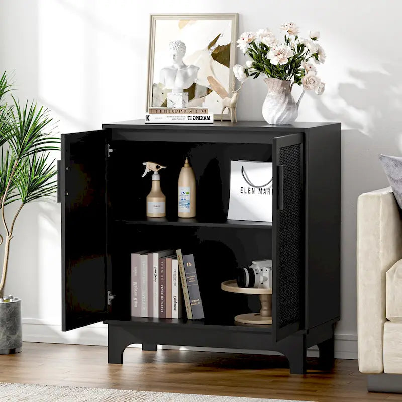 Black Rattan 2-Door Sideboard Buffet Cabinet with Adjustable Shelf