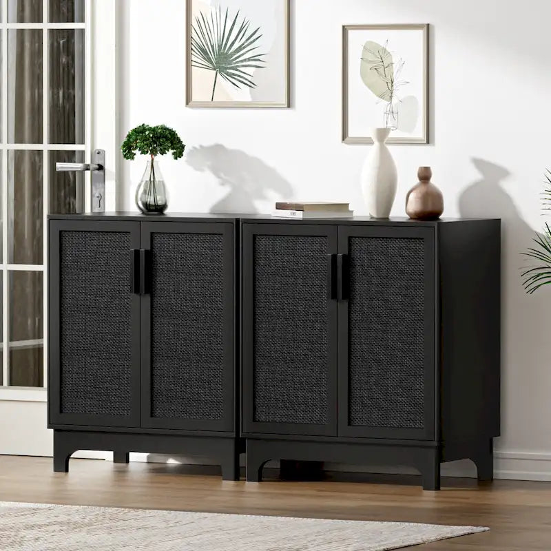 Black Rattan 2-Door Sideboard Buffet Cabinet with Adjustable Shelf