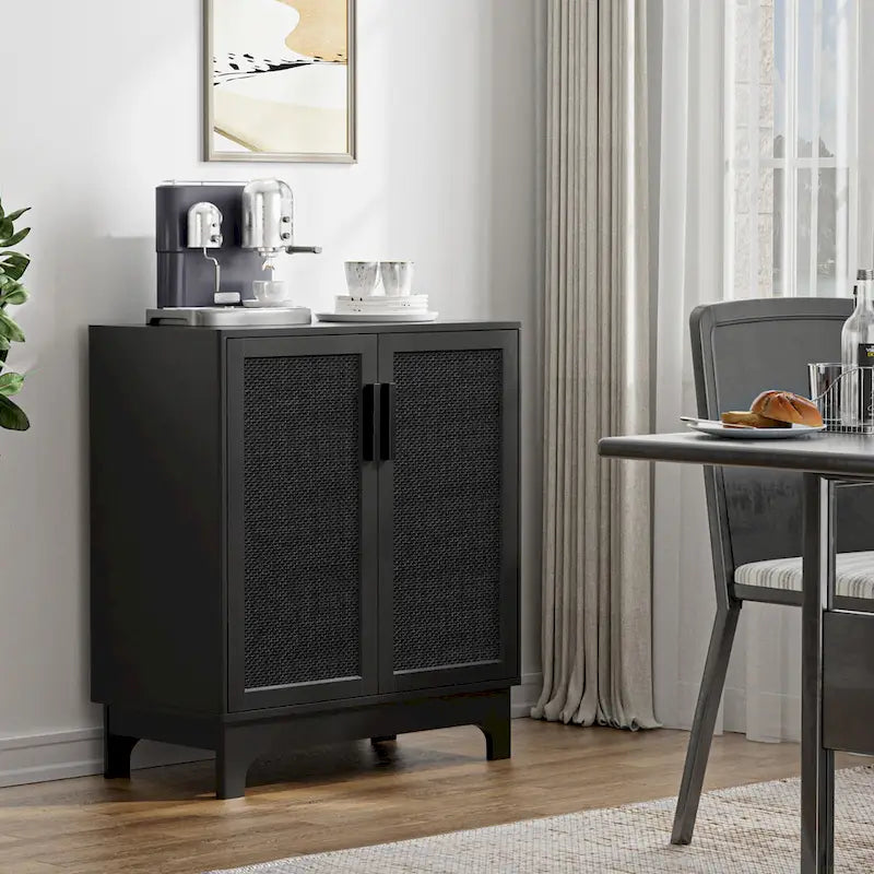 Black Rattan 2-Door Sideboard Buffet Cabinet with Adjustable Shelf