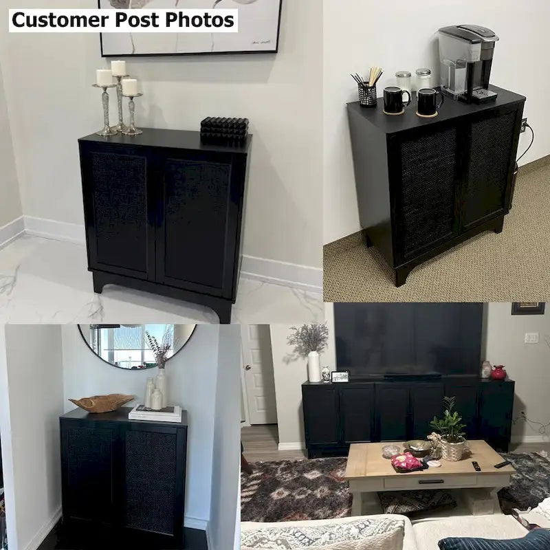 Black Rattan 2-Door Sideboard Buffet Cabinet with Adjustable Shelf