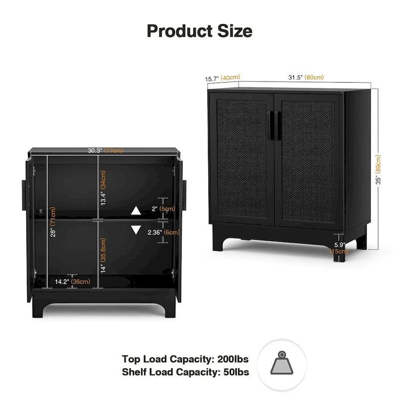 Black Rattan 2-Door Sideboard Buffet Cabinet with Adjustable Shelf