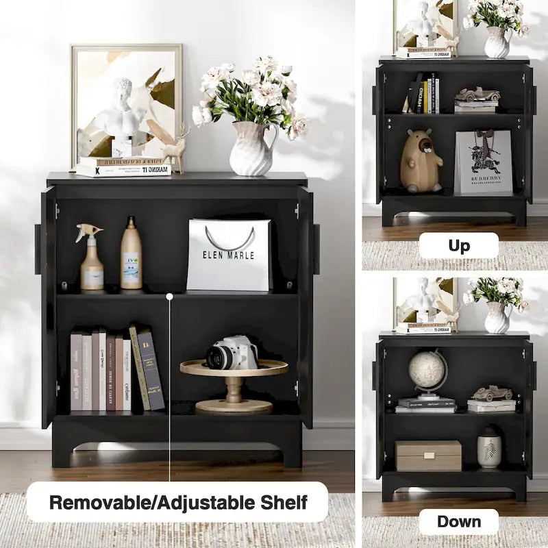 Black Rattan 2-Door Sideboard Buffet Cabinet with Adjustable Shelf