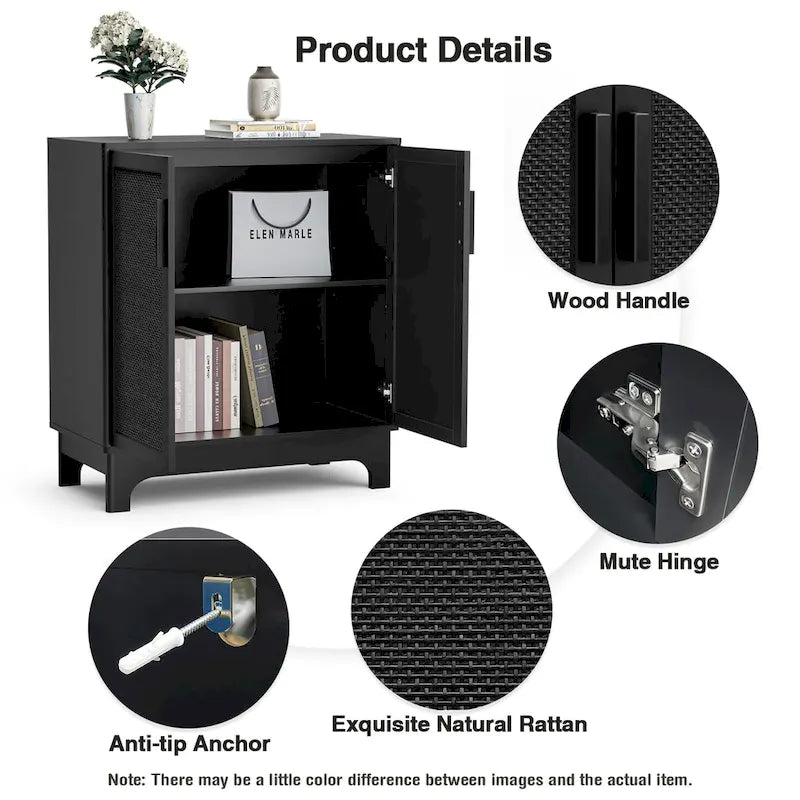 Black Rattan 2-Door Sideboard Buffet Cabinet with Adjustable Shelf