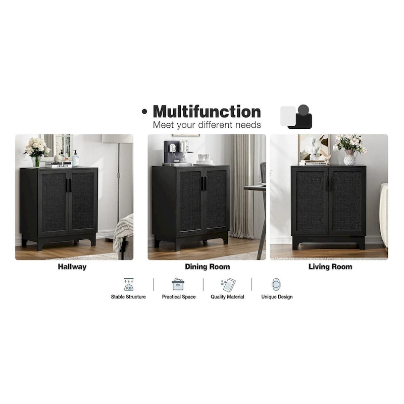 Black Rattan 2-Door Sideboard Buffet Cabinet with Adjustable Shelf