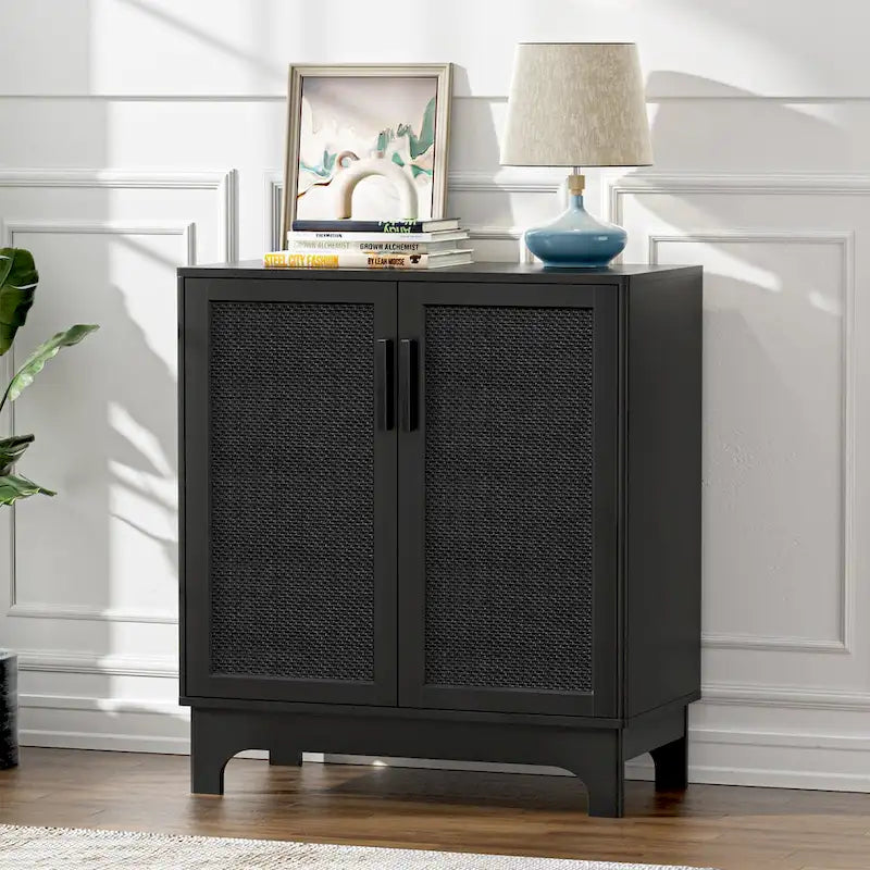 Black Rattan 2-Door Sideboard Buffet Cabinet with Adjustable Shelf