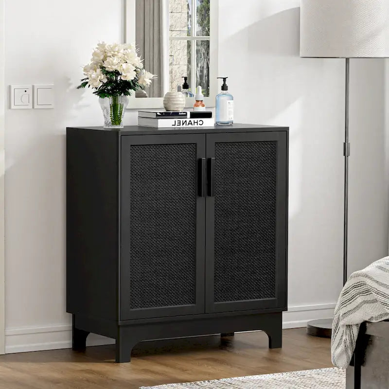 Black Rattan 2-Door Sideboard Buffet Cabinet with Adjustable Shelf