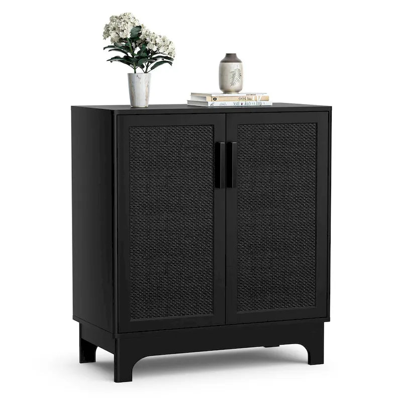 Black Rattan 2-Door Sideboard Buffet Cabinet with Adjustable Shelf