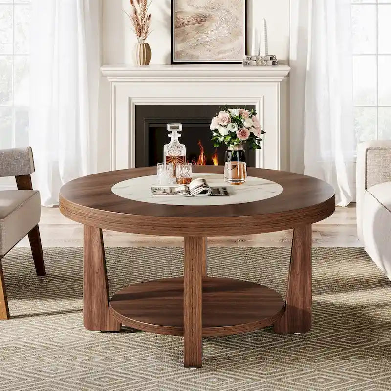 Round Two-Tier Coffee Table with Lower Shelf Brown White MDF