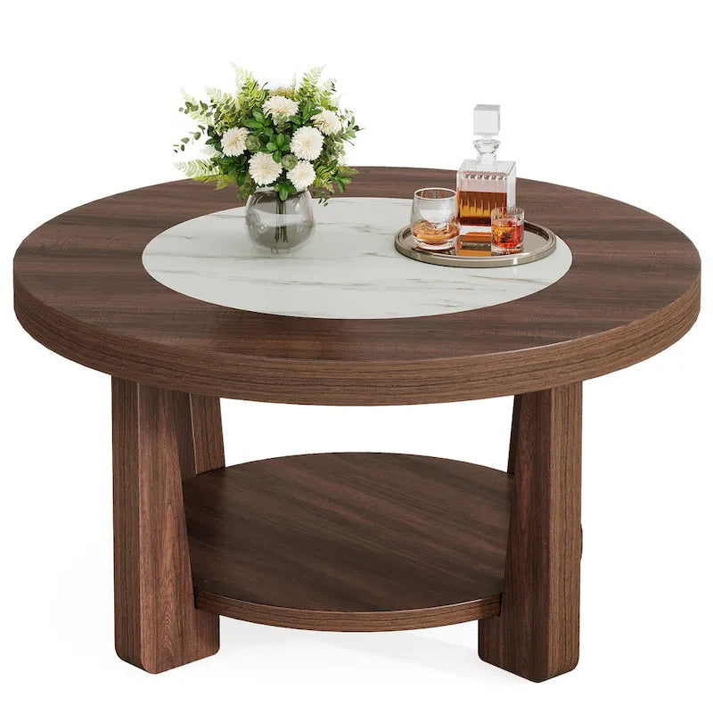 Round Two-Tier Coffee Table with Lower Shelf Brown White MDF