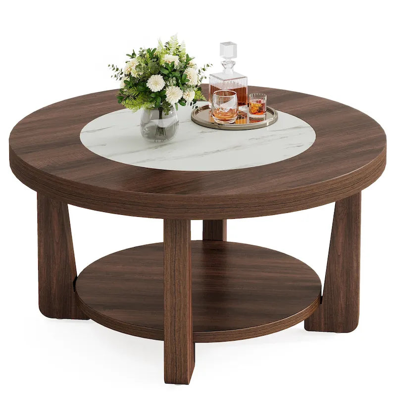 Round Two-Tier Coffee Table with Lower Shelf Brown White MDF