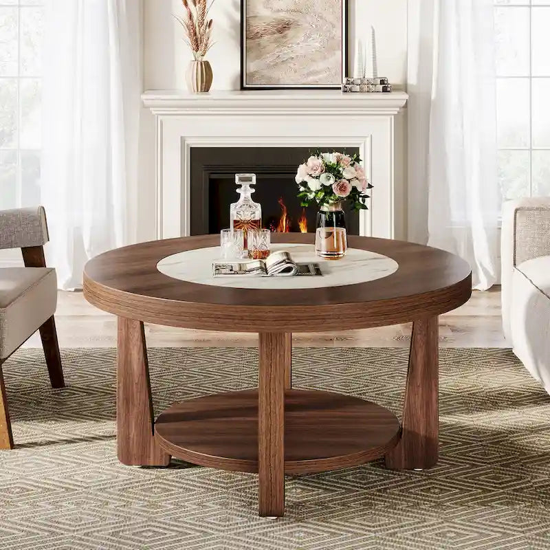 Round Two-Tier Coffee Table with Lower Shelf Brown White MDF