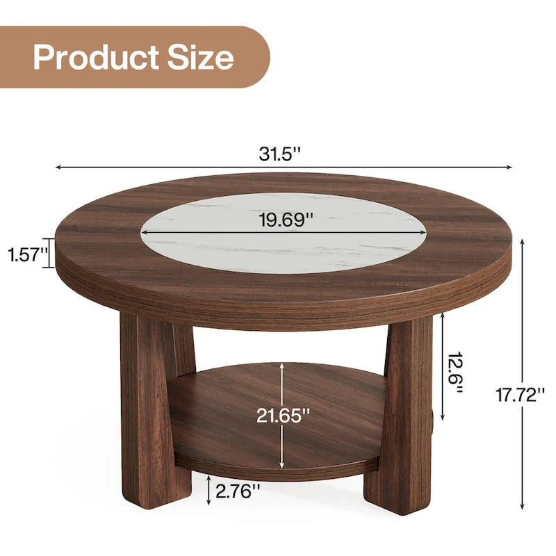 Round Two-Tier Coffee Table with Lower Shelf Brown White MDF