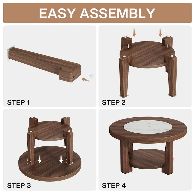 Round Two-Tier Coffee Table with Lower Shelf Brown White MDF