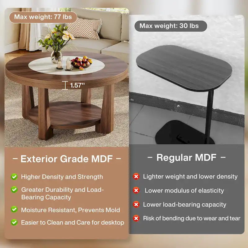 Round Two-Tier Coffee Table with Lower Shelf Brown White MDF