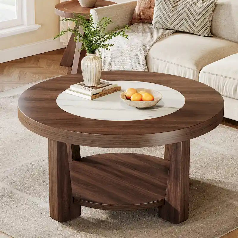 Round Two-Tier Coffee Table with Lower Shelf Brown White MDF