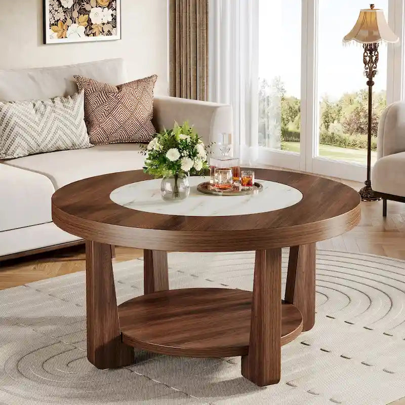 Round Two-Tier Coffee Table with Lower Shelf Brown White MDF
