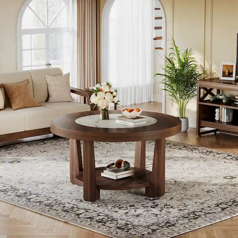 Round Two-Tier Coffee Table with Lower Shelf Brown White MDF