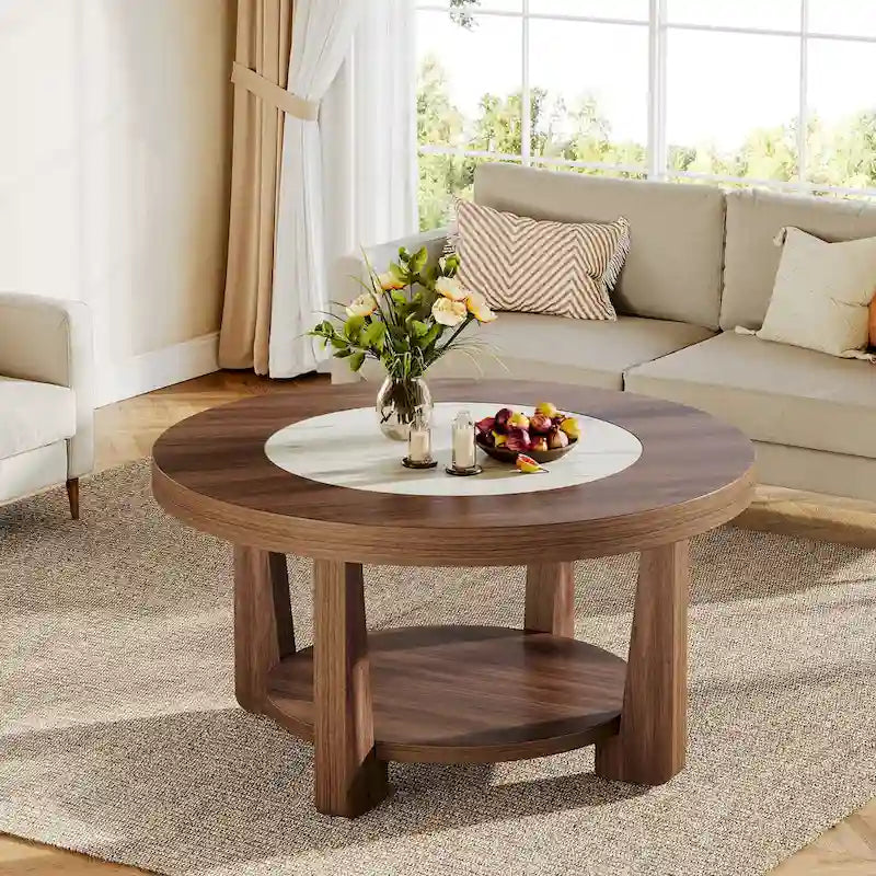 Round Two-Tier Coffee Table with Lower Shelf Brown White MDF
